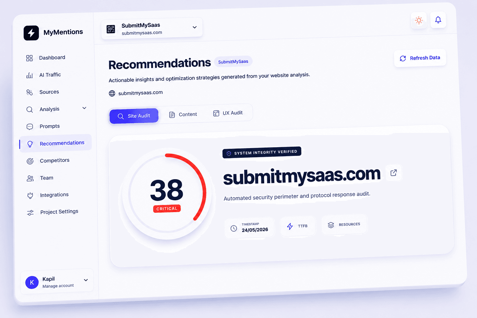 MyMentions site audit view with domain score and trust architecture checks
